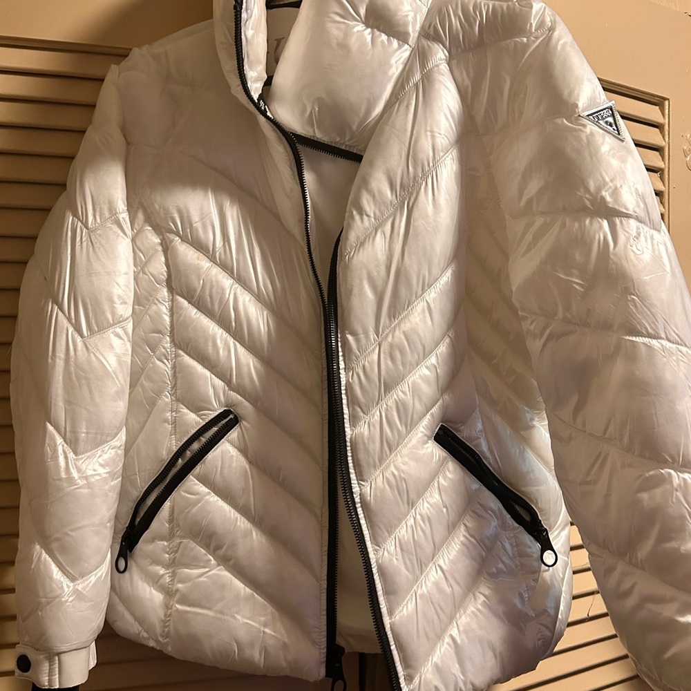 Guess Shiny White Puffer Jacket with Black Accents
